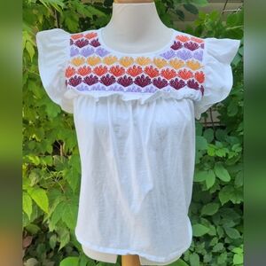 Thml Embroidered White Top with Multicolor Accents Cotton